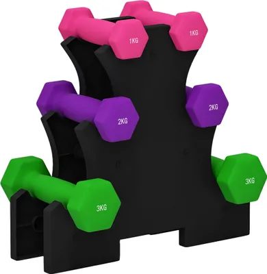 Produktbild von SPORTNOW Hantel-Set, 2 x 1 kg, 2 x 2 kg, 2 x 3 kg, sechseckiges Hantel-Set mit Aufbewahrungshalter für Übungen, Heimtraining, Fitnessstudio, mehrfarbig