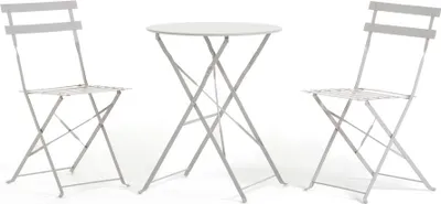Produktbild von Balkon-Set mit klappbarem Ø60-cm-Tisch und 2 klappbaren Metallstühlen – modernes, kompaktes und robustes Design für Balkon, Terrasse, Veranda, Bars und Bistros – DIEGO + FRIDA – Hellgrau