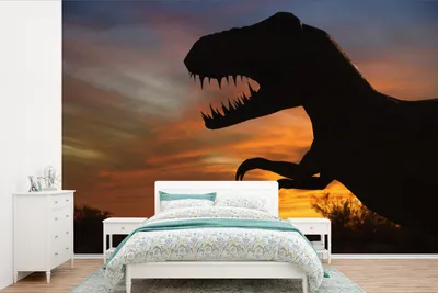 Produktbild von MuchoWow® Fototapete für Wohnzimmer oder Schlafzimmer Wandtapete Vinyl Motivtapete Scherenschnitt - Dinosaurier - Sonne - 525x350 cm - Das Hintergrundbild