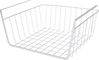 A white wire storage basket designed to hang under a shelf.