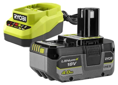 Produktbild von Packung mit 1 RYOBI-Akku und 1 Ladegerät, 18 V, 4 Ah RC18120A-140XG Lithium-Ionen-Akku