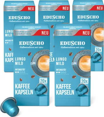 Image de Tchibo Eduscho Boîte de réserve de capsules de café Lungo Mild, 100 pièces (5 x 20 capsules de café), compatible avec Nespresso, torréfaction douce, goût doux et harmonieux, commerce durable & équitable