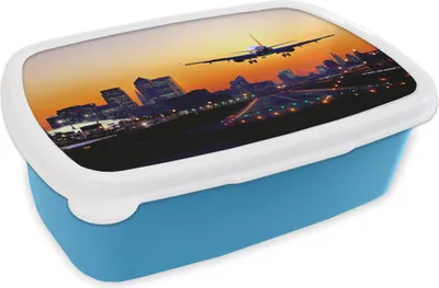 Produktbild von KitchenYeah® Lunchbox Brotzeit Brotdose 17x11 cm Flugzeug landet in London Kinder Brotzeitdose - Lunch - Kunststoff  - Brotbüchse - Sandwichbox - Lunchbox für Kinder