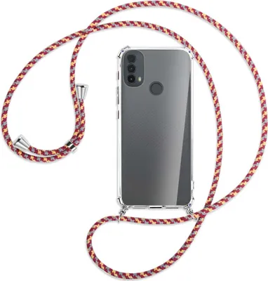 Produktbild von Handykette Backcover-Schutzhülle mit Band (Metall silberfarben) für Motorola Moto E30, Moto E40 - weinrot/gelb/grau