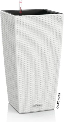 A white, woven-textured planter with a water level indicator.