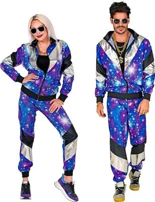 A man and a woman posing in matching 80s-style tracksuits.