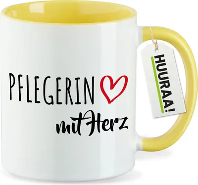 Produktbild von Huuraa Kaffeetasse Pflegerin mit Herz 330ml Gelb Keramik Kaffeebecher Geschenkidee