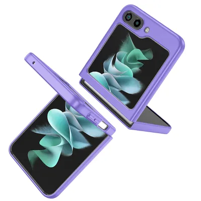 A purple flip phone case is shown in an open position against a white background.
