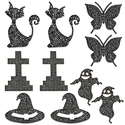 10 Halloween Strass-Patches, selbstklebend, 5 Designs, Schwarz