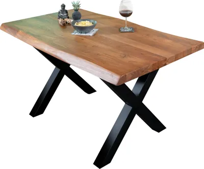 Produktbild von Esstisch Baumkante massiv Akazie Nussbaum 160 x 85 X-Gestell schwarz CALI