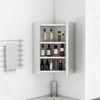 Zdjęcie produktu dla Szafka łazienkowa montowana na ścianie, z trzema lustrami, zawiasami z cichym domykiem, wbudowanymi półkami, biała, o wymiarach 32,5 x 32,5 x 55,6 cm