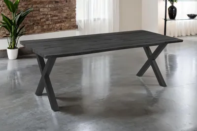 Produktbild von Esstisch Josy | 220 x 100 cm | Holz-Optik in Grau | X-Gestell Metall schwarz | 40 mm Tischplatte mit Baumkante | Tisch für Esszimmer & Küche