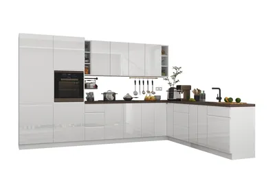 Produktbild von Winkelküche 350 x 260 cm Eckküche Küchenblock Einbauküche ohne Arbeitsplatte, Aspen KA4-M350, Weiß/Hochglanz