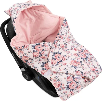 Produktbild von Autositzdecke Roses 90x90cm 100% Baumwolle Kapuzendecke mit Ohren für Kindersitz 3- & 5-Punkt-Gurte