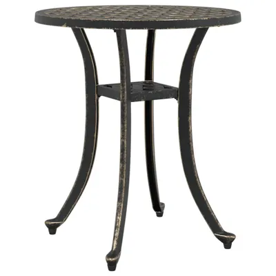 A round outdoor table with a patterned top and curved legs, shown against a white background.