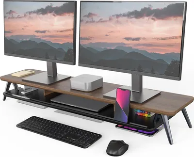 Produktbild von Doppelte Monitorständer für 2 Monitore - Holz-Schreibtischplatte mit Organizer und Kabelmanagement