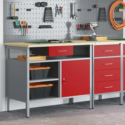 Produktbild von Möbel Werkbank mit Schubladen mit Regal Rot und Grau 100 x 55 x 85 cm - Werkbänke &41192