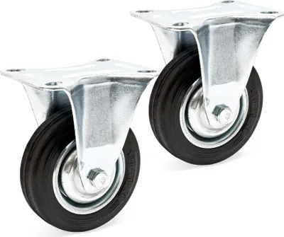 Produktbild von Wiltec Bockrollen Set 2x Transportrolle Ø100mm mit Vollgummirad, Metallfelge und Anbauplatte bis 70kg pro Rad, Apparaterollen Möbelrollen leiser Lauf