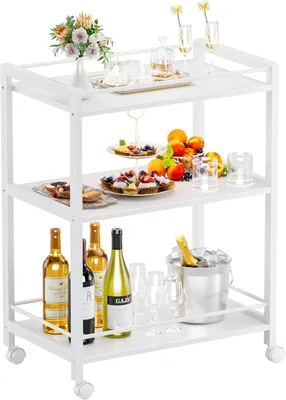 Image de Chariot de service à 3 niveaux, en bois brun, équipé de roulettes, avec 3 étagères, pour la cuisine