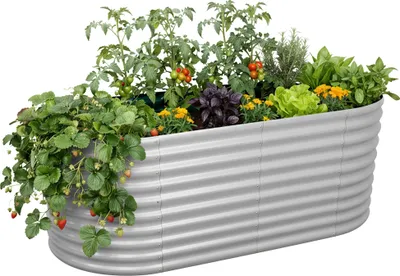 Zdjęcie produktu dla Podwyższona grządka Relaxdays, metal ocynkowany, do kwiatów, roślin i warzyw, wymiary: 80 x 160 x 80 cm, owalna grządka, jasnoszara