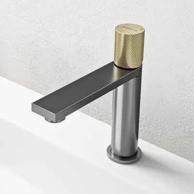 Produktbild von doporro Wasserhahn Bad, Waschtischarmatur mit Auslaufhöhe 107 mm, Edelstahlgehäuse, Mischbatterie für Waschbecken Armaturen Grau Fino-01