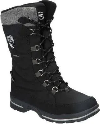 A black winter boot with gray accents and laces, isolated on a white background.