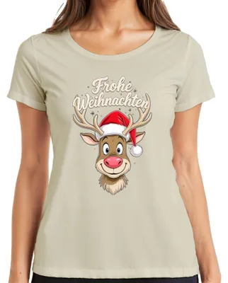 Productafbeelding van Vrolijke kersttrui met een schattige rendierprint, met een kerstmuts, grappig dames T-shirt, natuurlijke kleur, maat L