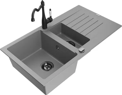 Produktbild von Mexen Matias 1,5-Becken-Granitspüle mit Abtropffläche und Mischbatterie Carla, Grau - 6502-71-670700-70-B