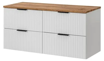 Produktbild von Waschtisch-Unterschrank 120 cm in mattweiß mit gerillter Front und Wotaneiche, Badschrank mit 4 Softclose-Auszügen, B/H/T 120,6/59,2/46,5 cm