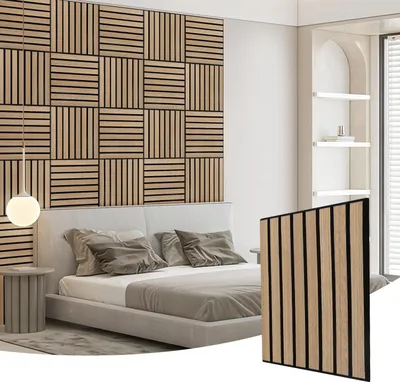 Produktbild von Eikuavons 12 Stück Akustikpaneele 30x30cm, Innendekoration Wandpaneele, Holzpaneele Wand, selbstklebend Schallschutzplatten, Weiß-Eiche Lamellenwand auf Filz