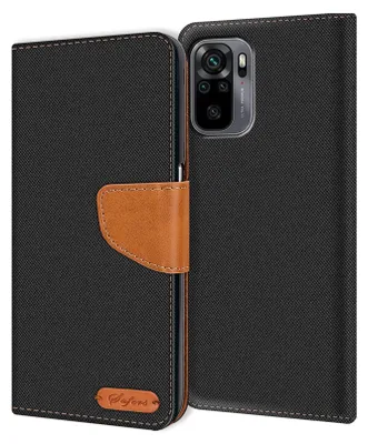 A black flip case for a smartphone, with a brown leather strap and a small brown logo on the bottom left.