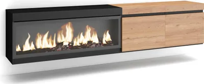 Produktbild von TV-Schrank, Lowboard, 208x35x45cm, Für TV-Geräte bis zu 80", Elektrokamin XXL, Hängend, Eiche Schwarz