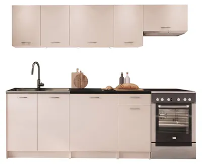 Produktbild von MIRJAN24 Küche Mela 240, Küchenzeile, 7 Schrank-Module frei kombinierbar, Küche-Set (Cashmere / Cashmere + Schwarz, mit LED Beleuchtung)