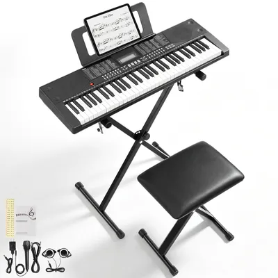 Produktbild von FCH 61-Tasten Digital Keyboard Set mit Ständer, Klavierhocker, Notenständer, Kopfhörer E- Klavier mit LCD-Display, Lichtern, MIDI, USB,Schwarz