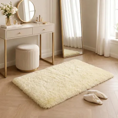 Imagen del producto de Alfombra de pelo alto, color crema, 60 x 120 cm, suave, antideslizante, ideal para dormitorios