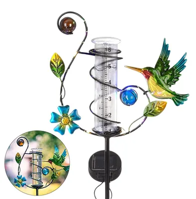 Produktbild von Solar Regenmesser Garten mit LED Licht, wetterfeste Kolibri Gartendeko mit Erdspieß, Regenmesser & Solarleuchte für Garten und Terrasse