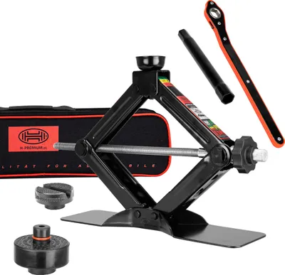 Produktbild von HEYNER® Scherenwagenheber 1,5t + individueller Gummiauflage für Tesla höhenverstellbar 135–415 mm, drehbarer Sattel, inkl. Comfort-Verlängerung, Set mit Ratsche, Tasche, & GS