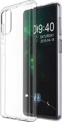 A clear phone case is shown next to a smartphone displaying the time and date.