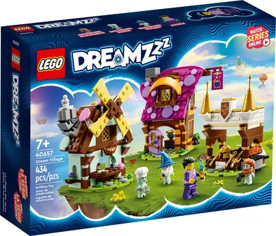 The image shows the packaging of a LEGO Dreamzzz building toy set called 'Dream Village'. The box displays the product with its various components and minifigures, set against a dreamy, cloudy background.