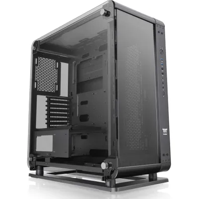 A black computer case with glass panels, shown from a diagonal angle.