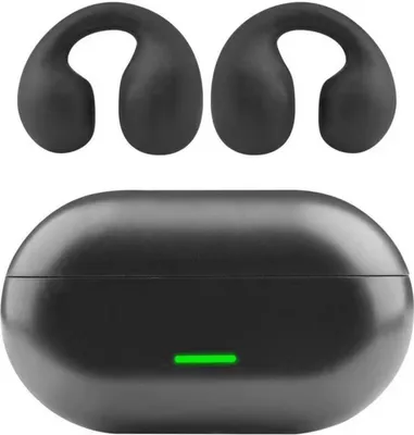A pair of black clip-on bone conduction headphones and their black charging case are displayed against a white background.