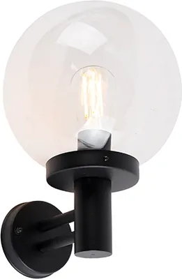 A black outdoor wall lamp with a clear spherical glass shade and an exposed filament bulb.