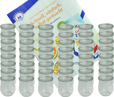 Produktbild von 48er Set Weck Gläser 220 ml Tulpengläser mit 48 Glasdeckeln incl. Diamant Gelierzauber Rezeptheft