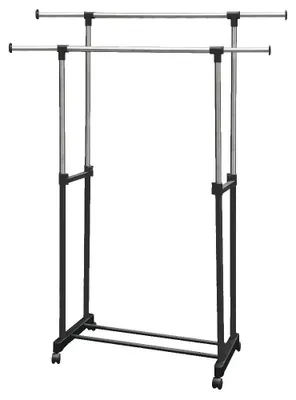Obrázok produktu pre Vešiak na odevy s kolieskami – vešiak do predsiene – nastaviteľná šírka 84–150 cm – hĺbka 42 cm – 4 kolieska – kovová konštrukcia – čierny