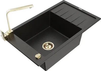 Produktbild von Mexen Elias 1 Becken-Granitspüle mit Abtropffläche und Mischbatterie Rita, Schwarz/Gold metallisch - 6511-75-670300-50