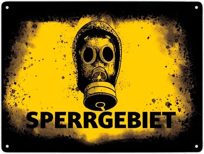 Produktbild von Sperrgebiet Metallschild XXL in 28x38 cm mit Gasmaskenmotiv in gelb