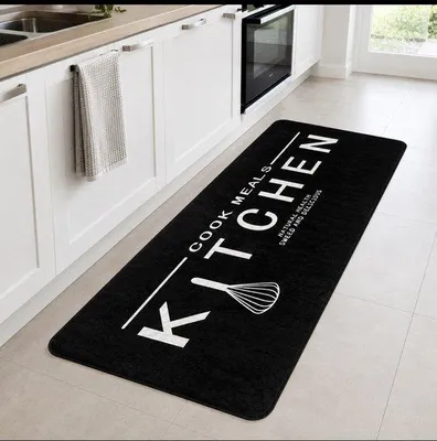 Produktbild von Unyqoos® Küchenläufer 80×200 cm Schwarz – Polyester Küchenmatte mit Latex-Antirutsch, waschbar 30°C, wasserabweisend & antibakteriell für Küche & Flur