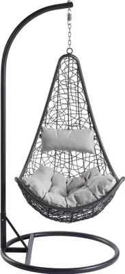 A hanging egg chair with cushions, presented against a white background.