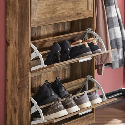 Zdjęcie produktu dla Szafka na buty brązowa - Wąska półka na buty z 3 przegródkami - MDF - 60x115x23 cm
