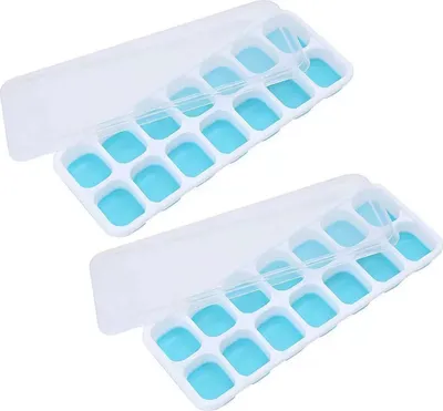 Produktbild von 2 Stück Silikon-Eiswürfelbehälter mit durchsichtigem, staubdichtem Deckel, 14 Mulden, lebensmittelecht, leicht zu lösen, für den Kühlschrank, Sommer-Cocktail-Eiswürfelbereiter, Küchenbedarf